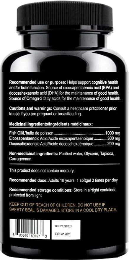 Omega 3 Fish Oil Supplements Canada - Halal, Fish Gelatin Softgel Capsule, Gluten Free, EPA/DHA Supplement - 1000 mg - 90 softgel - Image 2